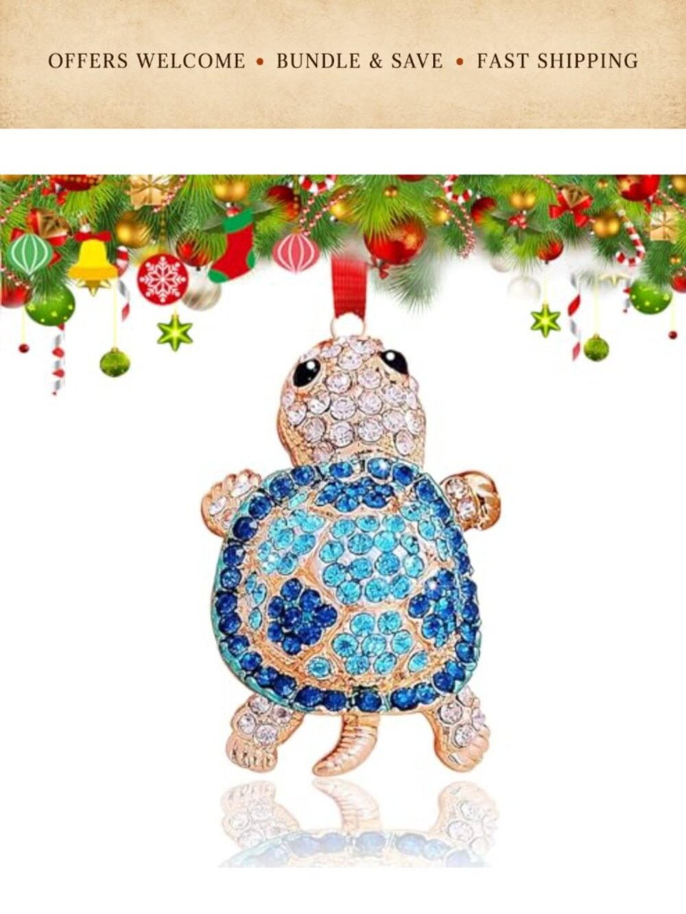 Metal Sea Turtle Christmas Ornament Rhinestone Coastal Nautical Tree Decor